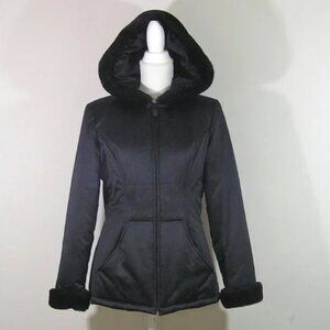 Black Puffer Jacket Hood Faux Fur Trim SMALL